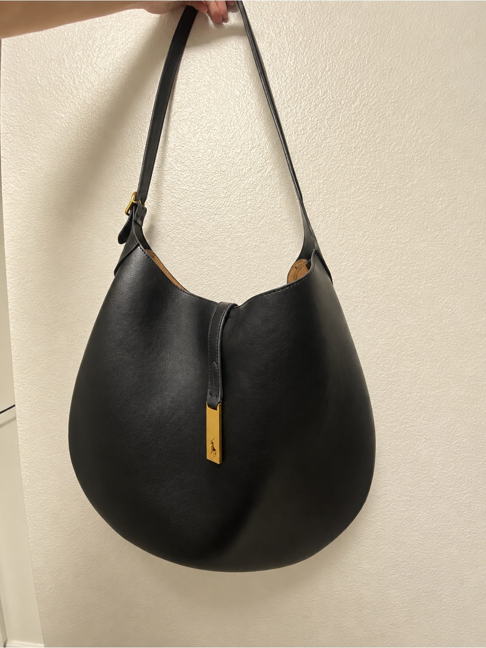 Black Leather Curved Hobo Bag - Women